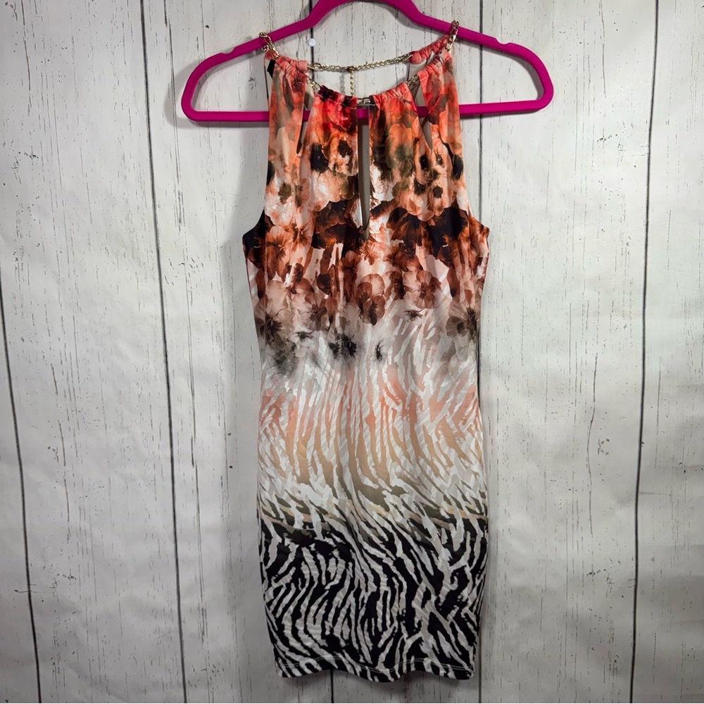 Bebe Floral Zebra Print Bodycon Chain Neck Mini Dress XS Going Out Y2K Glam